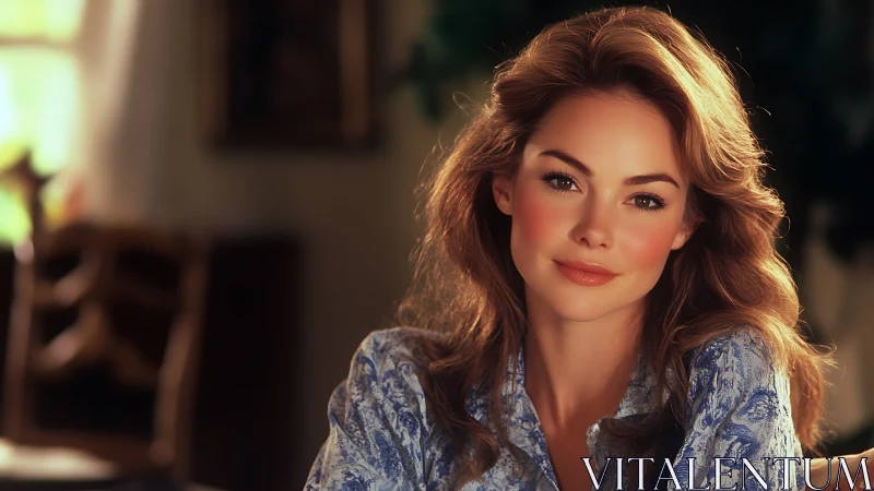 Warm Portrait of Smiling Woman in Casual Blue Shirt, Soft Light.
