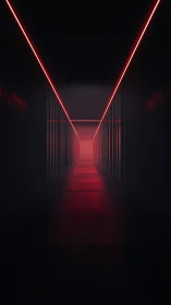 Neon-lit corridor recedes into a mysterious red-hazed void.