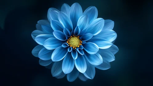 Blue Dahlia's Golden Heart Glows Softly.