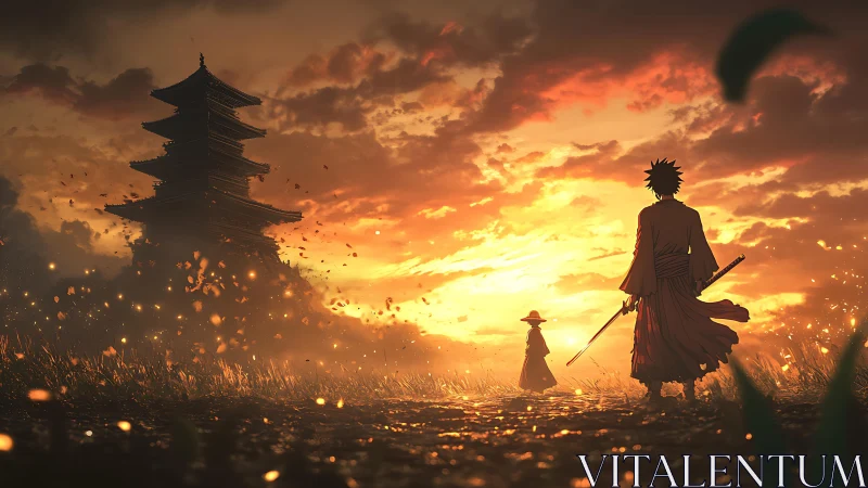 Sunset samurai guardians before a glowing pagoda horizon.