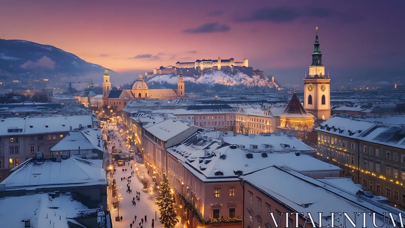 Snow-covered European cityscape at dusk with central fortress.