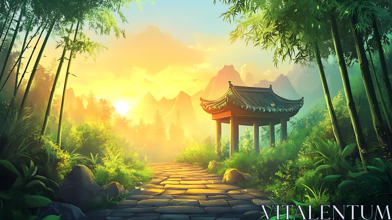 Sunlit bamboo path leads toward traditional pavilion at dawn