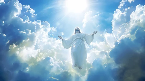 Radiant robed figure ascending through luminous heavenward clouds.