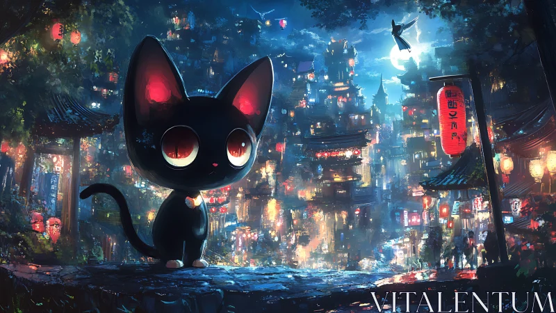 Black cat with oversized eyes stands in neon lit night city