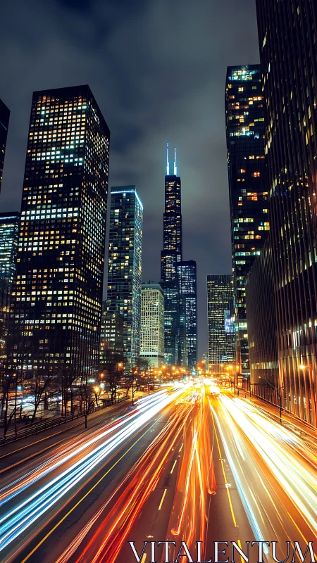 City lights and rushing traffic under a glowing night sky.