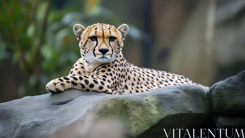 Cheetah rests on weathered rock ledge in soft forest light.