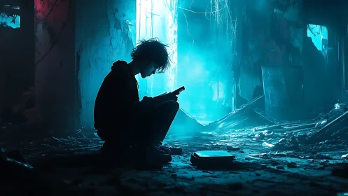 Lost reader bends light into stories amid electric ruins