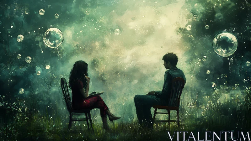 Two figures seated in chairs within stylized atmospheric environment with floating spheres.