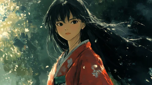 Kimono-clad girl in painterly forest light portrait study.