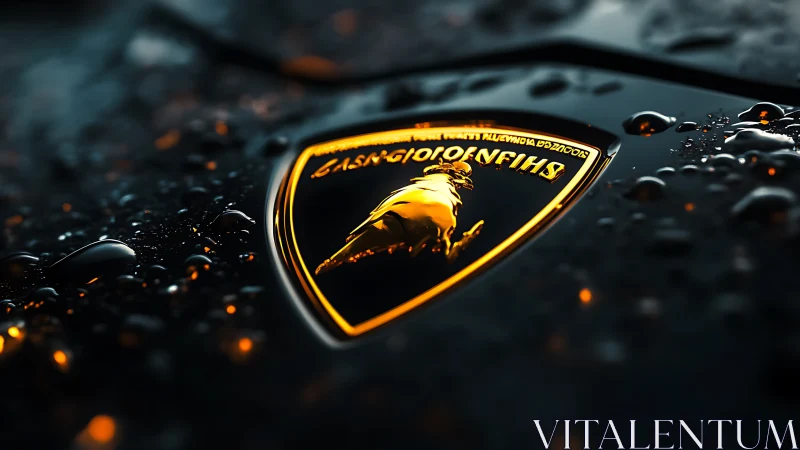 Car badge with illuminated emblem and surface water droplets