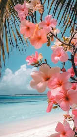 Tropical hibiscus inflorescence against high-luminance shoreline.