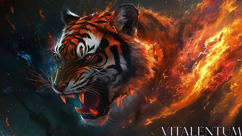 Roaring tiger head erupts through swirling elemental fire