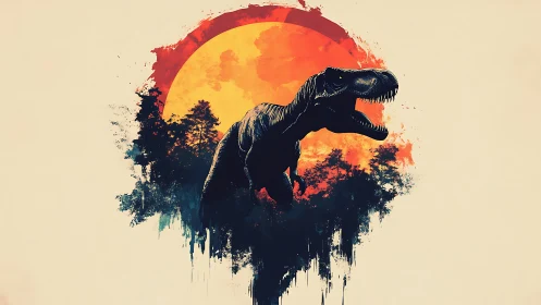 Tyrannosaurus silhouette roars before large red sun circle
