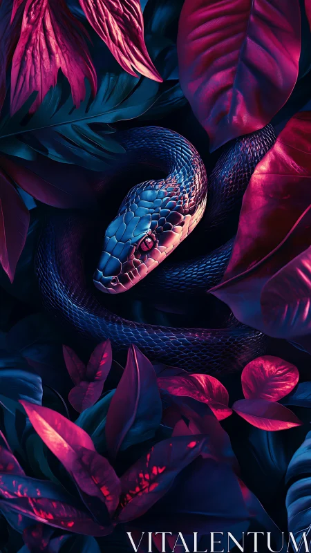 Chromatic serpent coiled in neon-illuminated tropical foliage.
