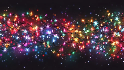 Multicolored string lights form dense horizontal bands on black