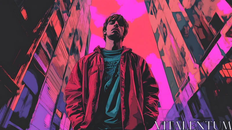 Defiant youth stands in neon alleyway under electric skies