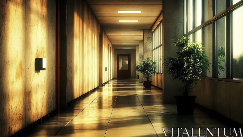 Sunlit office corridor with plants and warm reflections.