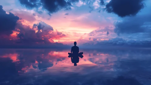 Meditative silhouette on mirrored horizon at neon dusk sky.