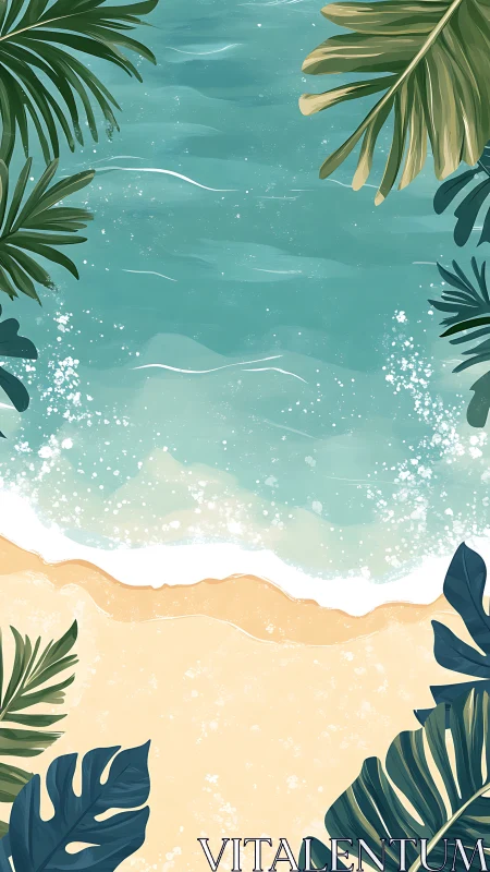 Calm tropical shoreline with soft waves and leafy embrace.