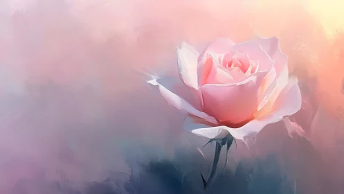 Soft pink rose glows against luminous pastel mist