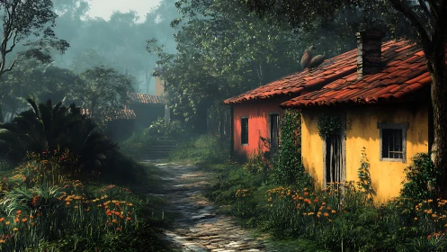 Sunlit forest cottages rest beside a flower-lined stone path