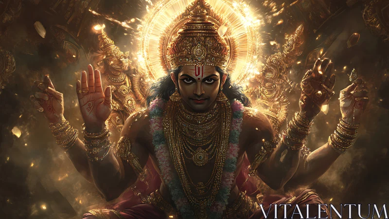 Radiant multi-armed deity radiates divine golden energy.