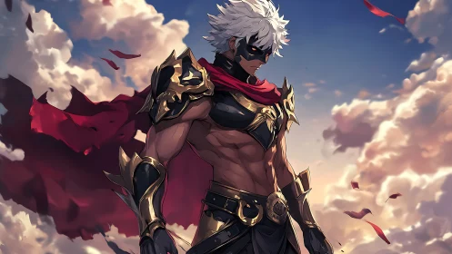 Masked sky warrior standing strong in a storm of light.