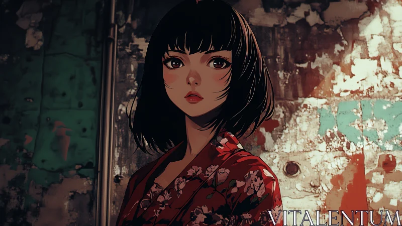 Anime portrait girl in red floral kimono before decayed wall.
