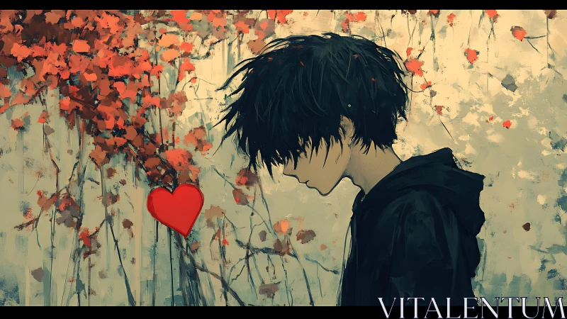 Side profile of solitary youth with red heart symbol overlay.