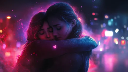 Neon love embrace in cyberpunk cityscape.