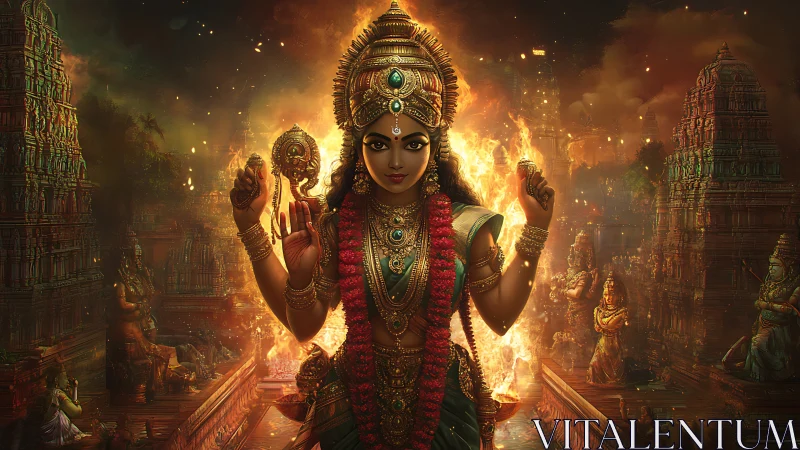 Divine warrior goddess strides through firelit temple dreams