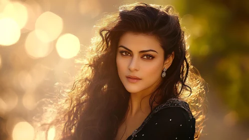 Portrait of woman with backlit hair and bokeh background.