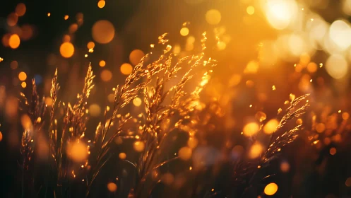 Backlit grass stems with warm circular bokeh highlights.