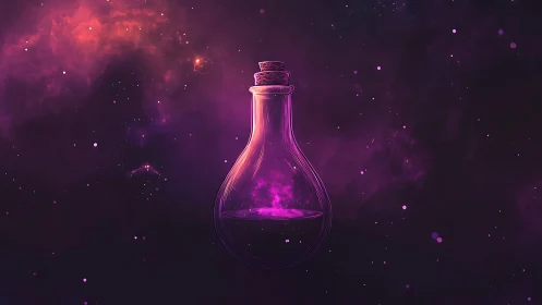 Cosmic potion bottle suspended in glowing violet nebula.
