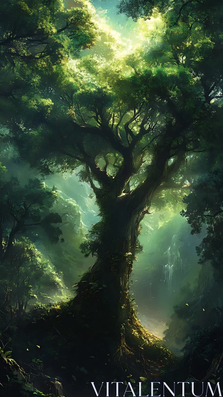 Ancient Forest Cathedral: Luminous Giant Emerges From Mist.