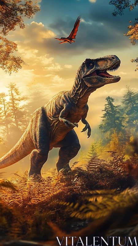 Tyrannosaurus rex in sunlit prehistoric forest scene.