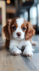 Small brown and white puppy lies on indoor wooden floor