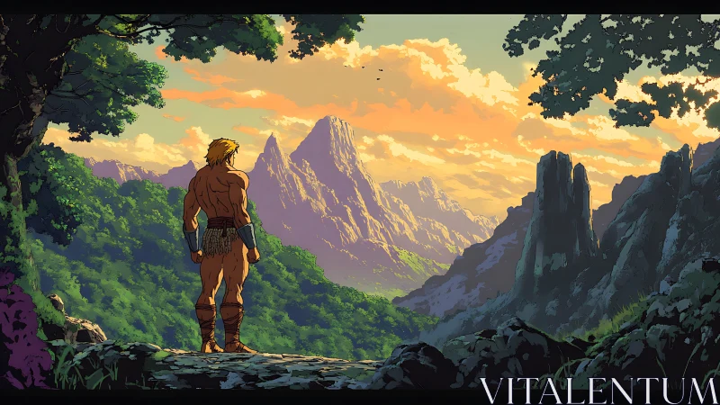 Barbarian figure observing distant mountain landscape scene.