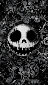 Monochrome skull-like face centered in dense ornamental pattern
