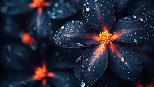 Dark petaled flower with glowing yellow center and water droplets.