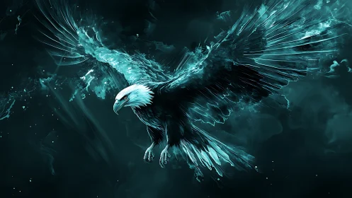 Digital teal bald eagle illustration on dark abstract field.