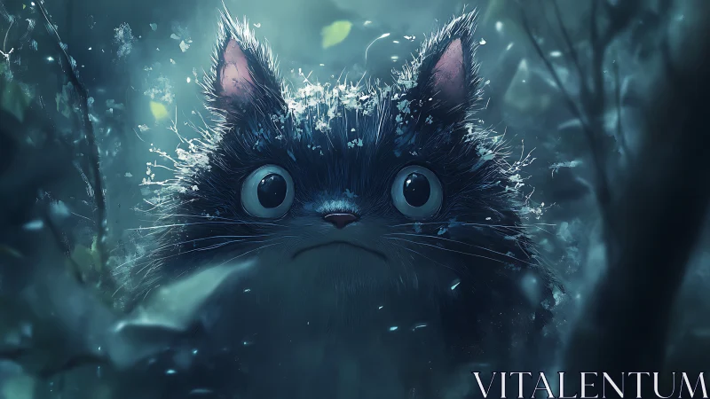 Moonlit forest spirit cat blinking through silver-blue fog.