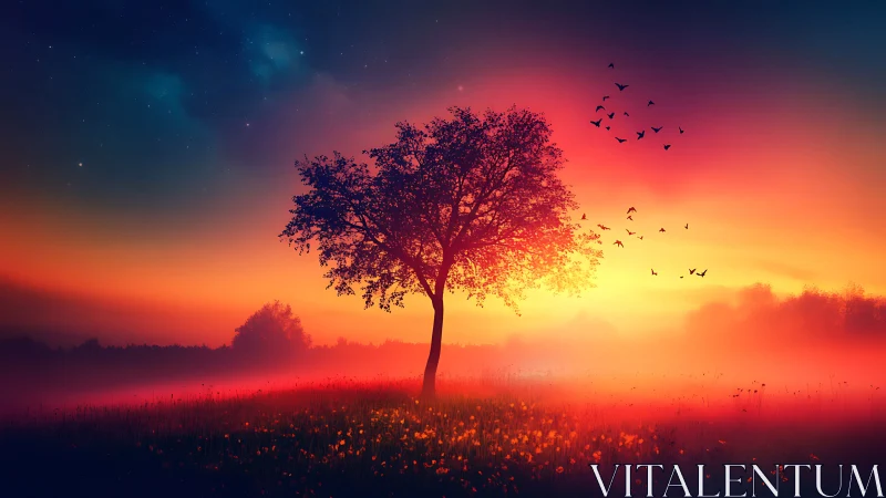 Lone tree on glowing meadow under vivid sunset sky.