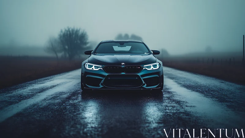 Sport sedan cuts through wet rural road in dense morning fog