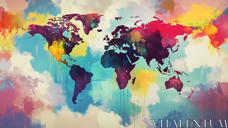 World map silhouette overlays saturated dripped acrylic gradients
