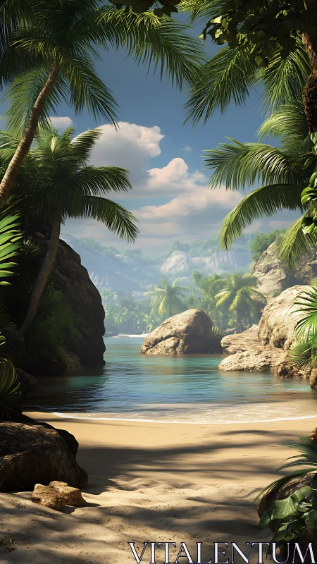 Tropical Paradise Beach Framed by Palm Trees and Turquoise Waters