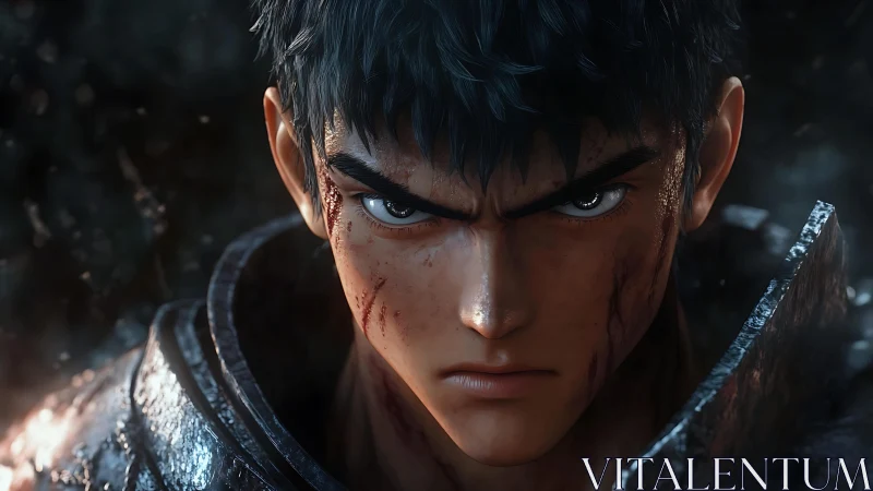 Battle-worn anime warrior stares forward with focused intensity