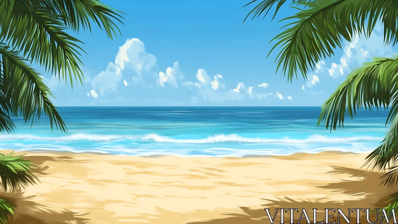 Sunny tropical beach with calm waves and palm framing.