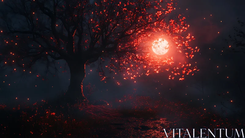 Moonlit crimson tree glows softly in a dreamlike forest