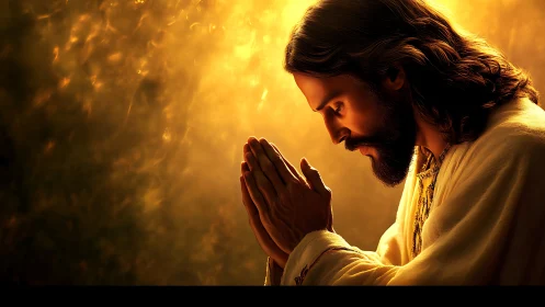 Gentle figure in golden light offering a quiet prayer.